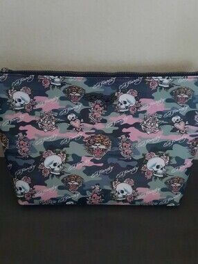 Ed Hardy Pink and Gray Camo Skull & Tiger Cosmetic Bag